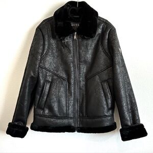 Guess Black Faux Leather Faux Fur Buckle Accent Collar Jacket Coat Size M